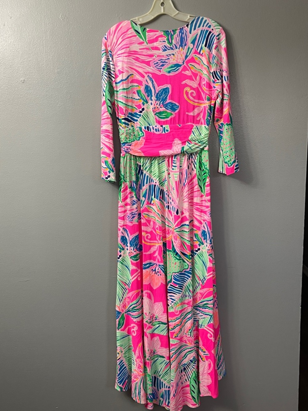 Lilly Pulitzer Montague Wrap Maxi Dress in the "Raz Berry Sunset Soiree" print. - Picture 7 of 9